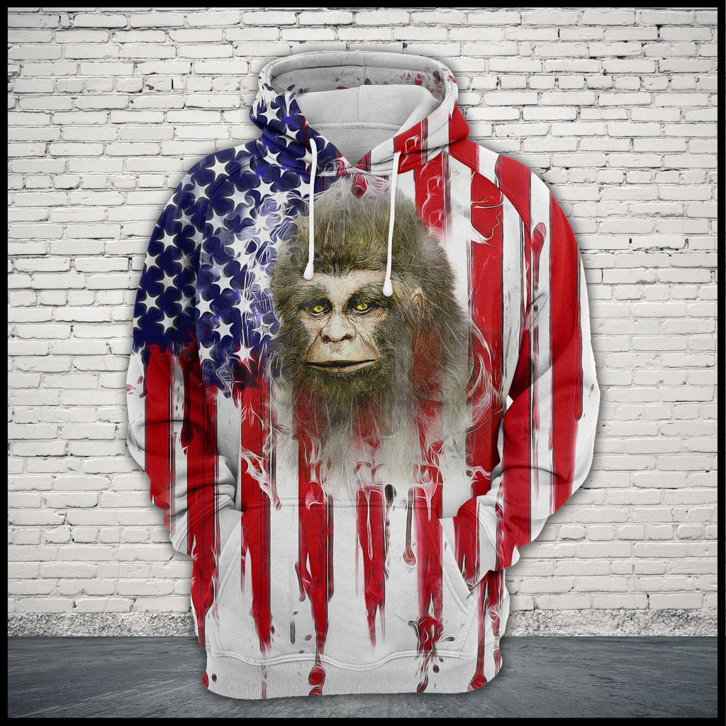Bigfoot Hoodie Bigfoot Face American Flag 3D Hoodie Apparel Adult Full Print