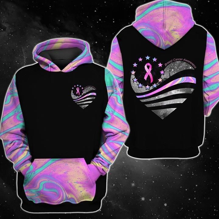 Gifury Breast Cancer Hoodie Breast Cancer Awareness Heart Shape Holographic Color Black Hoodie Breast Cancer Apparel 2022