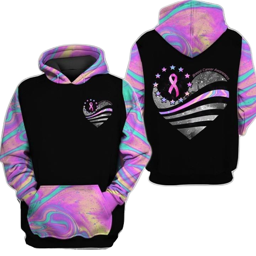 Gifury Breast Cancer Hoodie Breast Cancer Awareness Heart Shape Holographic Color Black Hoodie Breast Cancer Apparel 2022