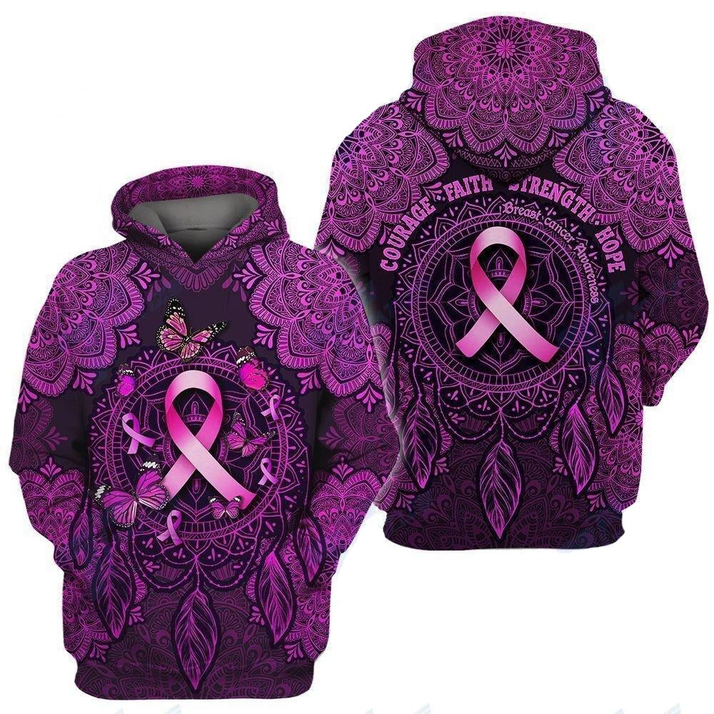 Gifury Breast Cancer Hoodie Courage Faith Strength Hope Breast Cancer Awareness Mandala Pink Hoodie Breast Cancer Apparel 2022