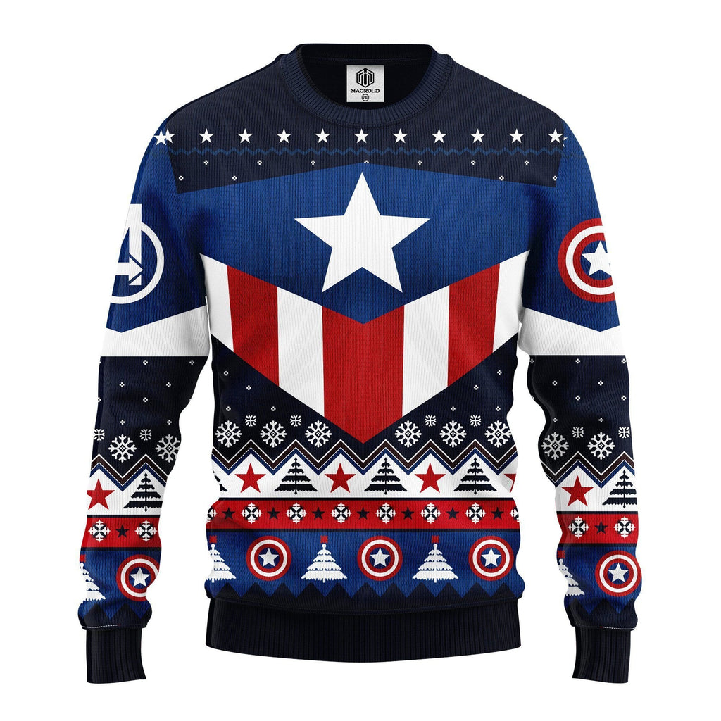MV Christmas Ugly Sweater Captain American Christmas Pattern Blue Red White Sweater