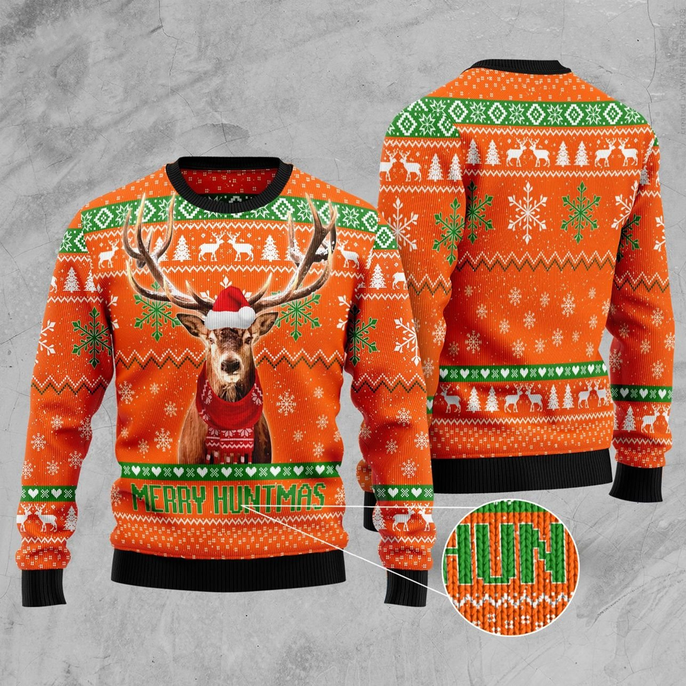 Gifury Hunting Ugly Christmas Sweater Merry Huntmas Deer Christmas Pattern Orange Sweater Hunting Sweater 2022