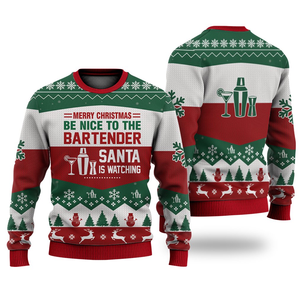 Bartender Christmas Ugly Sweater Merry Christmas Be Nice To The Bartender Red Green White Sweater