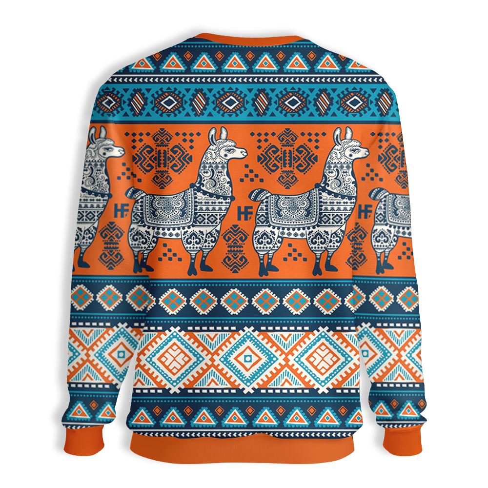 Llama Christmas Sweater Llama Yoga Pattern Orange Blue Ugly Sweater