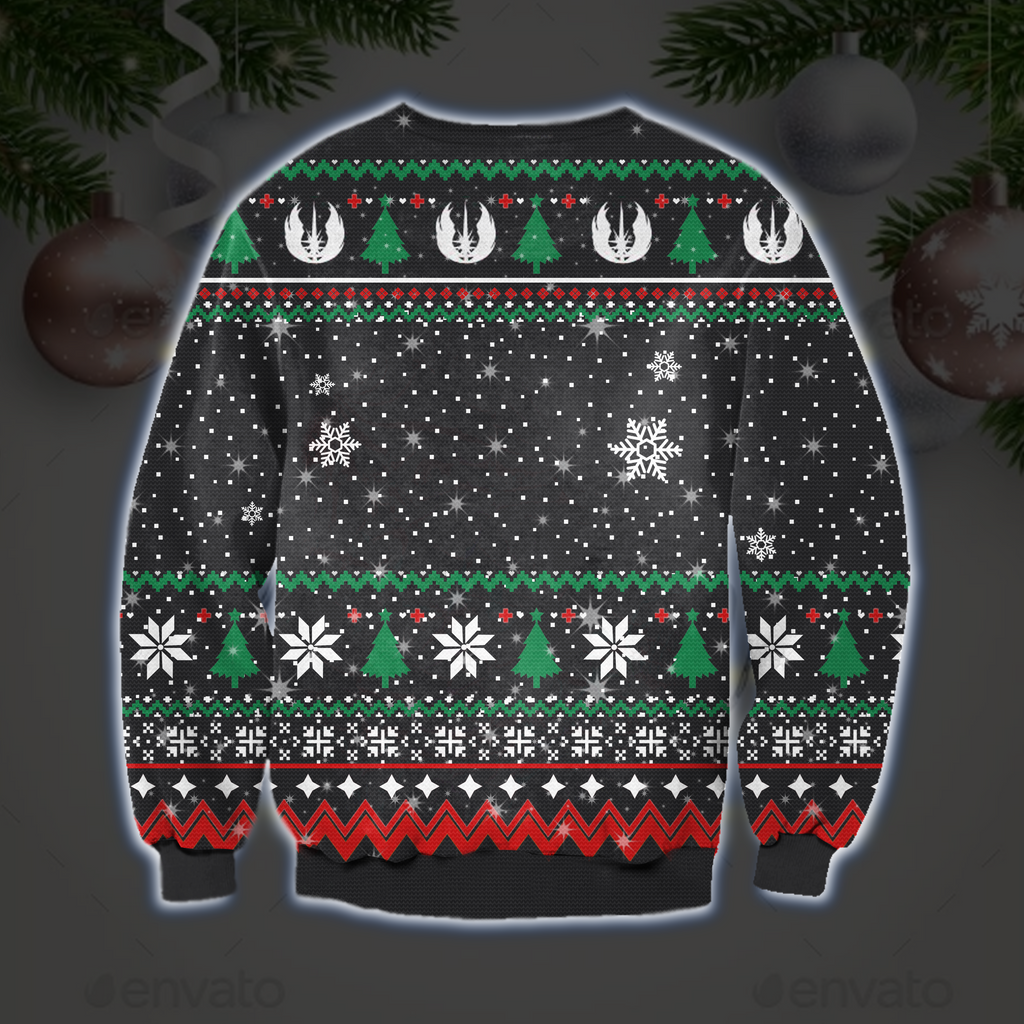 SW Christmas Ugly Sweater Grogu Jedi Order Symbol Pattern Christmas Pattern Black Sweater