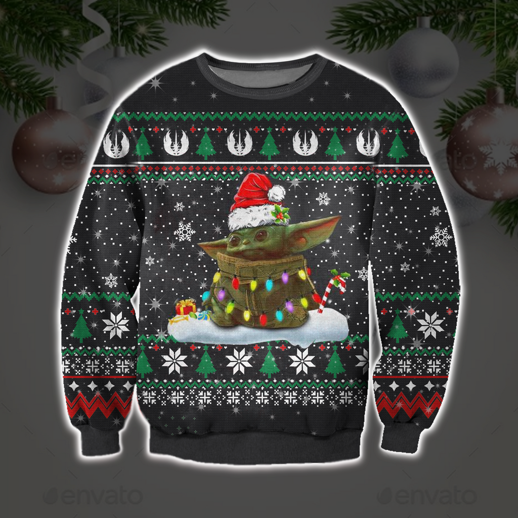 SW Christmas Ugly Sweater Grogu Jedi Order Symbol Pattern Christmas Pattern Black Sweater