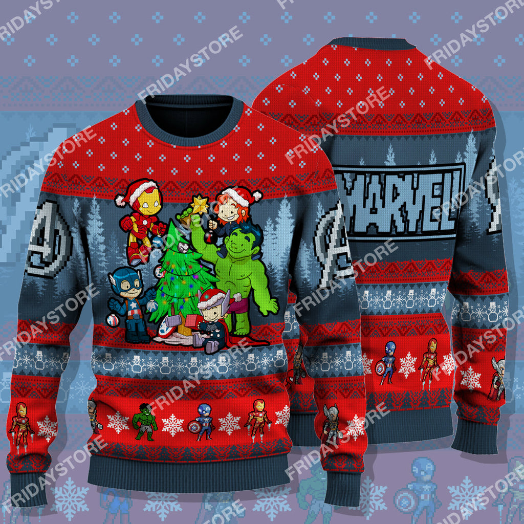  MV Ugly Sweater MV Super Heroes With Christmas Tree Christmas Sweater Amazing MV Avengers Sweater 