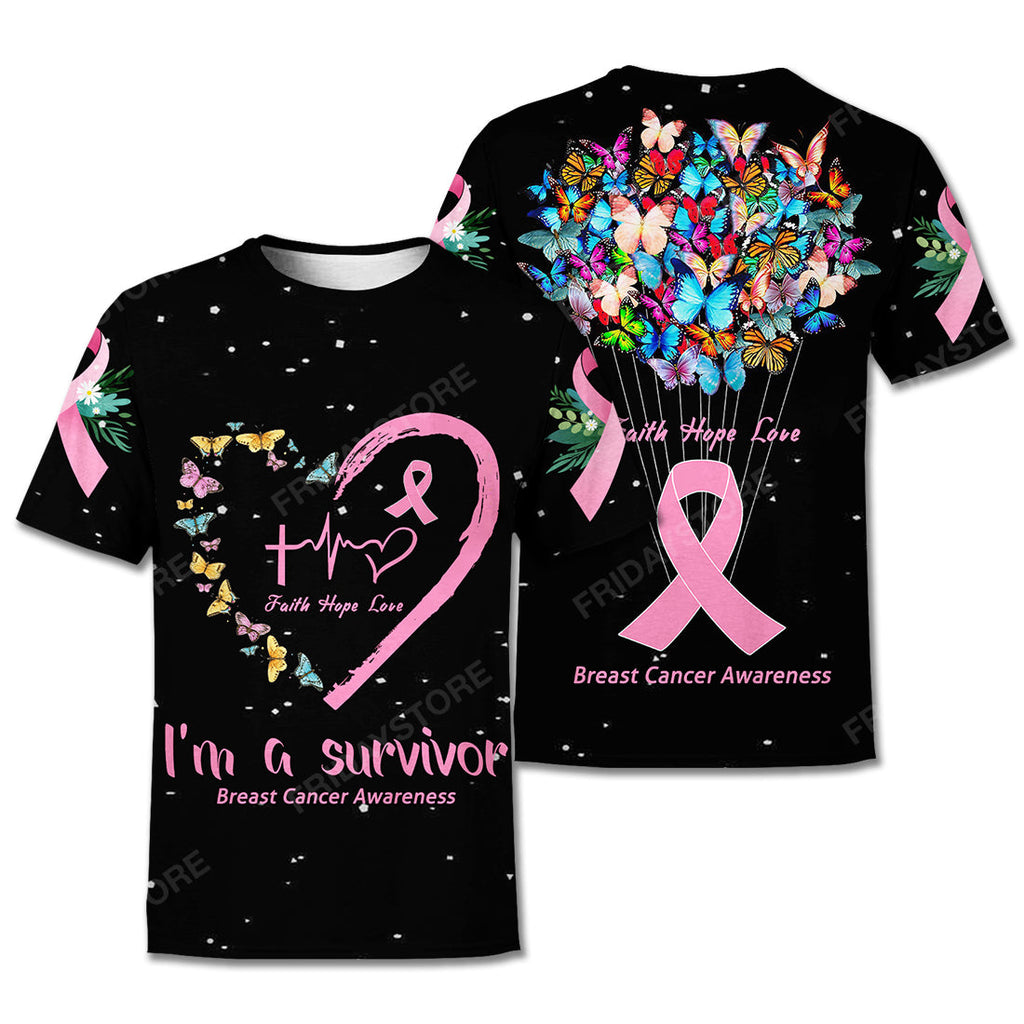 Gifury Breast Cancer Shirt Breast Cancer Survivor Shirts I Am A Survivor Butterfly Heart Black T-shirtBreast Cancer Apparel 2022