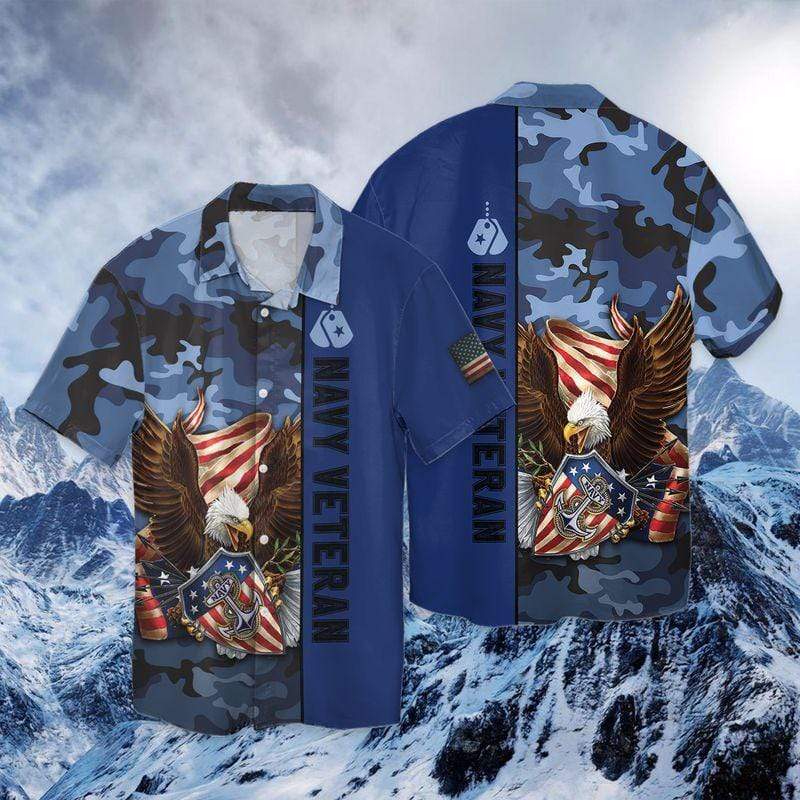 Navy Veteran Hawaii Shirt Blue Eagle Patriot Camo Hawaiian Aloha Shirts