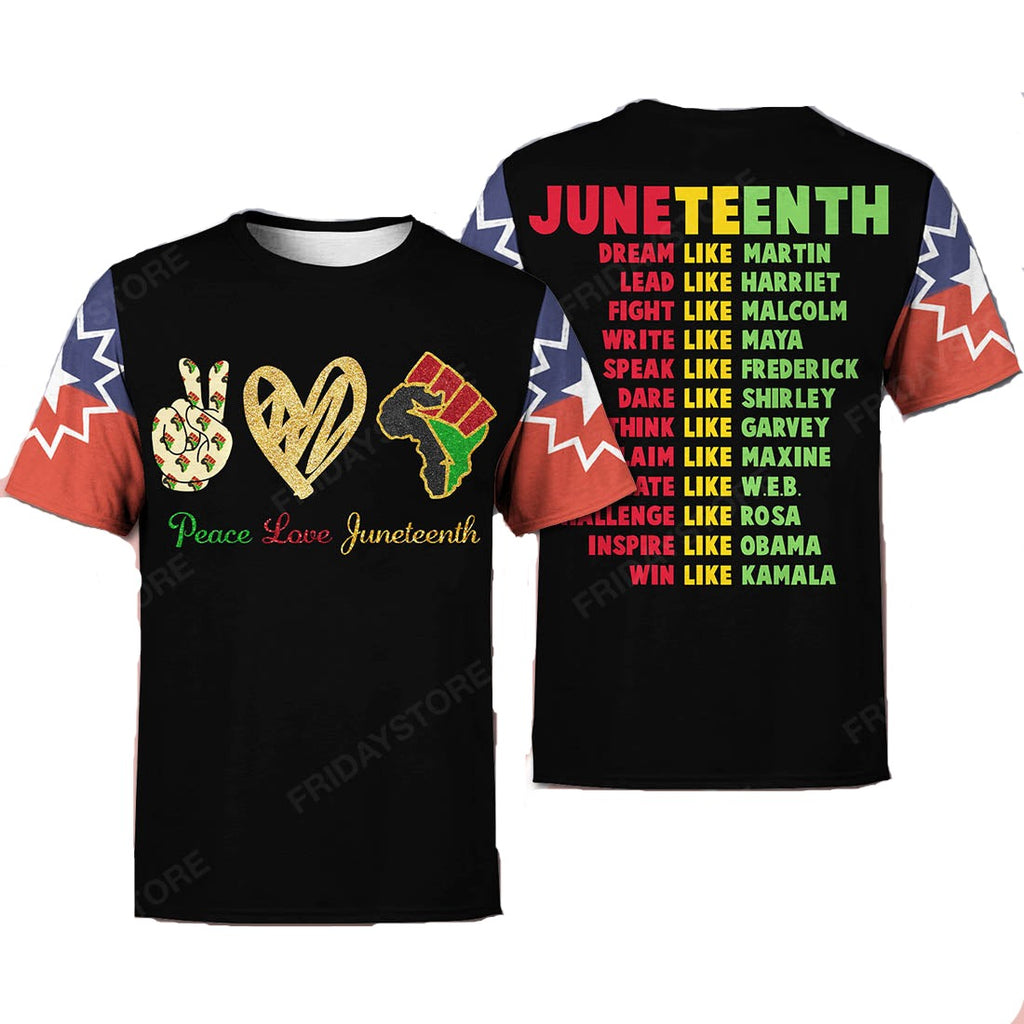 Juneteenth T-shirt Peace Love Junteenth T-shirt Hoodie Black Red Green Yellow Unisex Adult Full Print