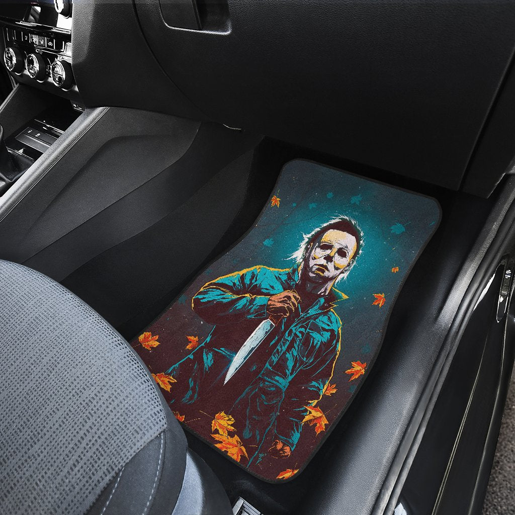 Horror Car Floor Mats Michael Myers In Forest Leaves Patterns Car Mats