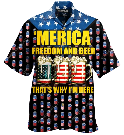 Gifury Beer Hawaiian Shirt American Flag Beer Cups Merica Freedom And Beer That's Why I'm Here Black Hawaii Shirt Beer Aloha Shirt 2023