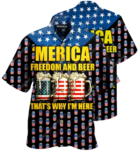 Gifury Beer Hawaiian Shirt American Flag Beer Cups Merica Freedom And Beer That's Why I'm Here Black Hawaii Shirt Beer Aloha Shirt 2022