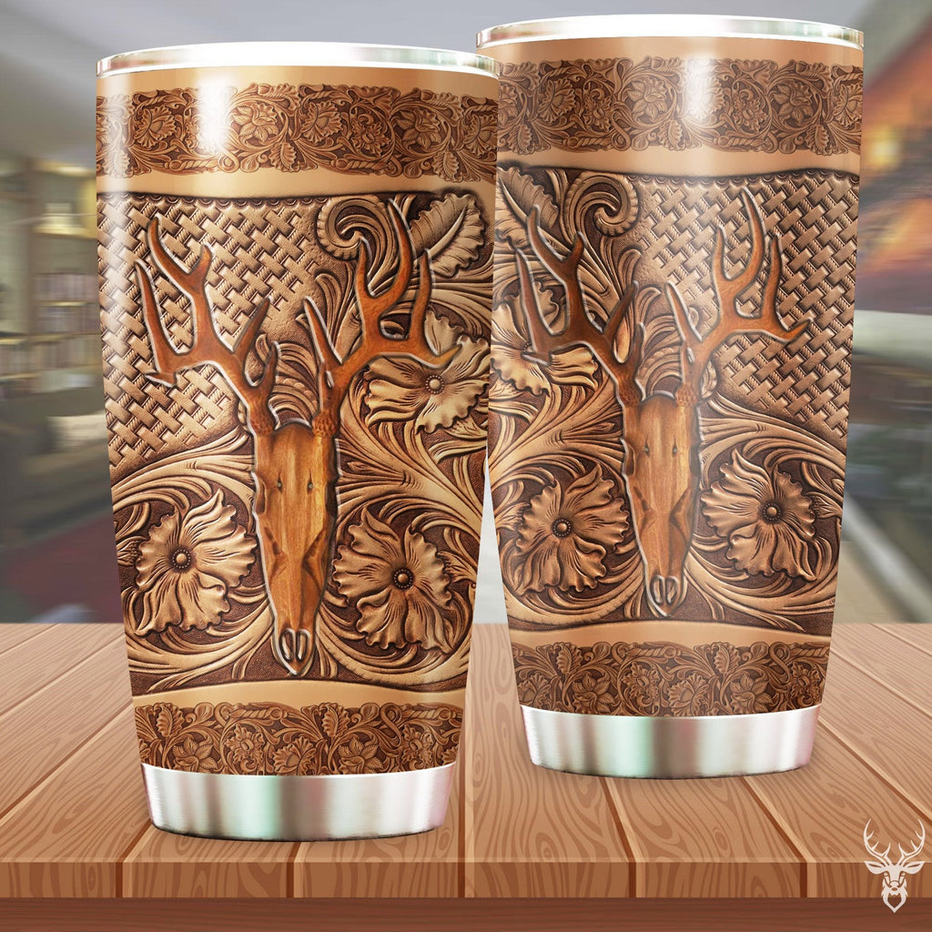 Gifury Hunting Tumbler 20 Oz Deer Skull Wood Carving Brown Tumbler Cup 20 Oz Hunting Travel Mug 2022