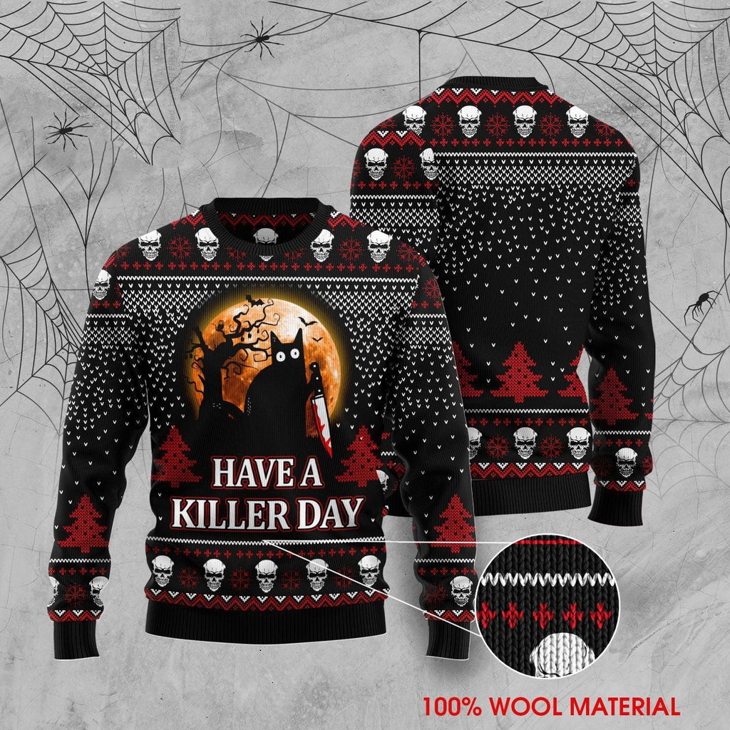 Gifury Cat Ugly Sweater Black Cat Halloween Have A Killer Day Black Red Sweater Cat Sweater 2022