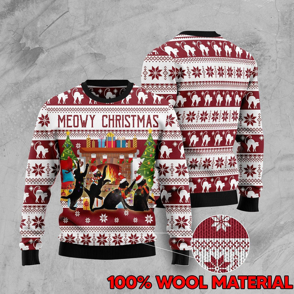 Gifury Cat Sweater Black Cats Meowy Christmas Red White Ugly Sweater Cat Ugly Sweater 2022
