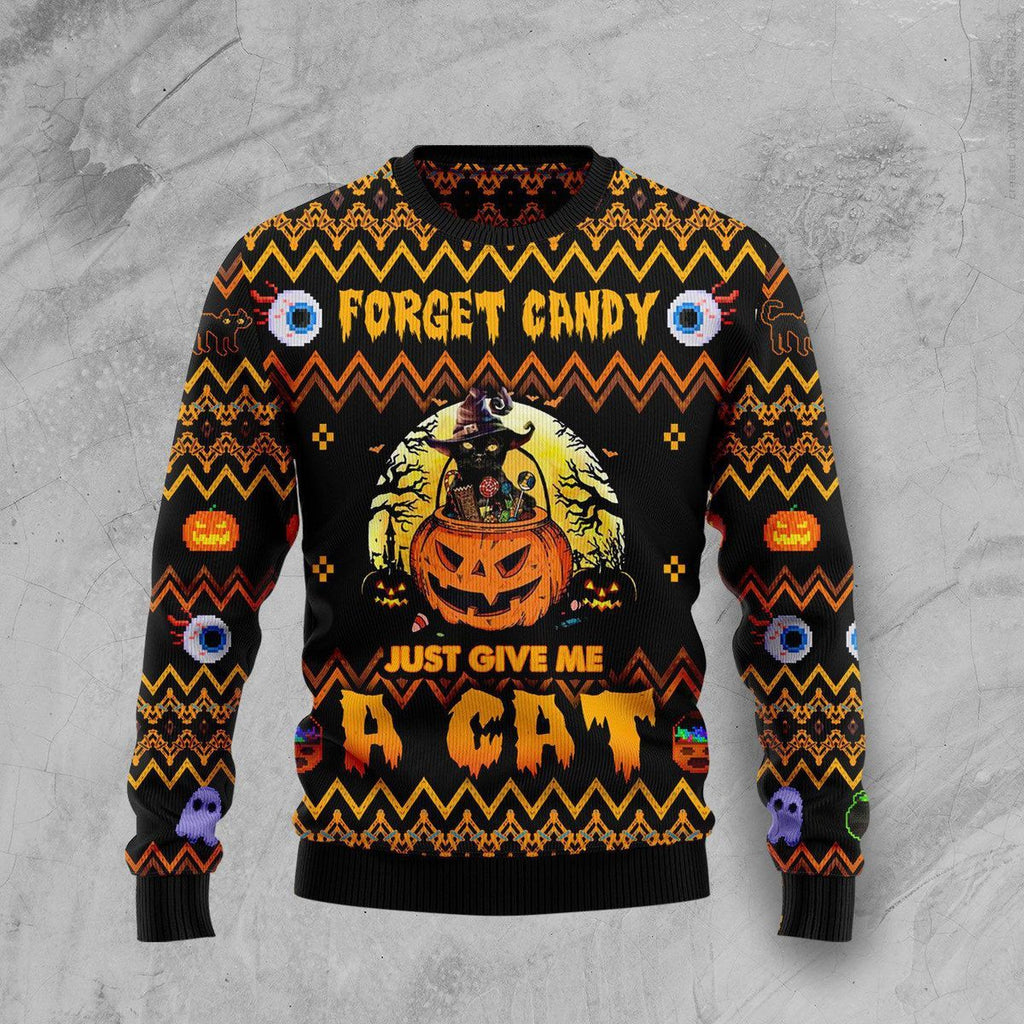 Gifury Halloween Sweater Cat Sweater Forget Candy Just Give Me A Cat Black Ugly Sweater Halloween Ugly Sweater 2023
