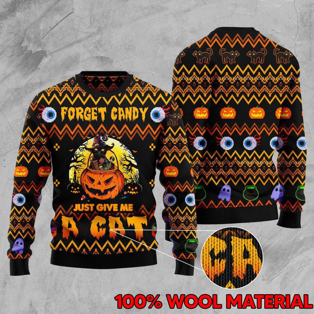 Gifury Halloween Sweater Cat Sweater Forget Candy Just Give Me A Cat Black Ugly Sweater Halloween Ugly Sweater 2022