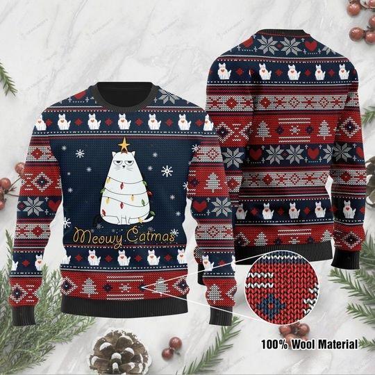 Gifury Cat Christmas Sweater Meowy Catmas White Cat Christmas Pattern Blue Red Ugly Sweater Cat Ugly Sweater 2022