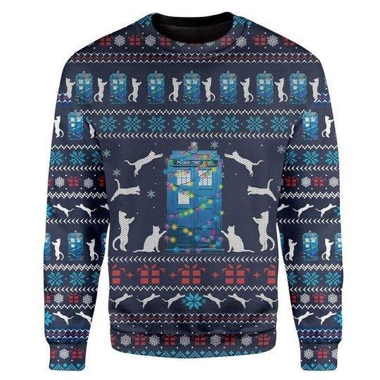 Cat Christmas Sweater Cat Tardis Christmas Pattern Blue Ugly Sweater