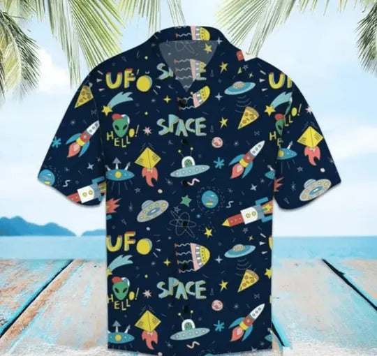 Gifury UFO Hawaii Shirt UFO In Space Pattern Black Hawaiian Shirt UFO Aloha Shirt 2023