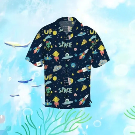 Gifury UFO Hawaii Shirt UFO In Space Pattern Black Hawaiian Shirt UFO Aloha Shirt 2022