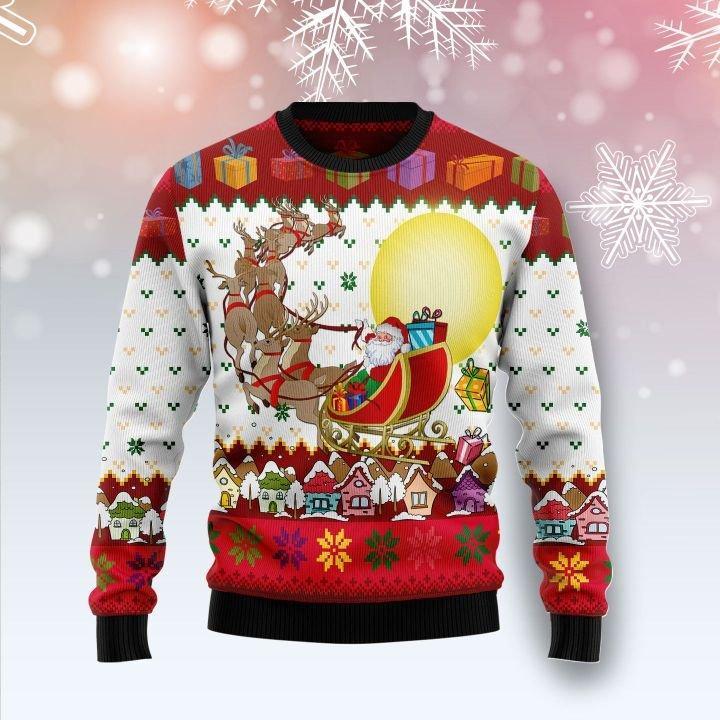 Gifury Reindeer Christmas Ugly Sweater Santa Claus And Reindeer White Red Sweater Reindeer Sweater 2022