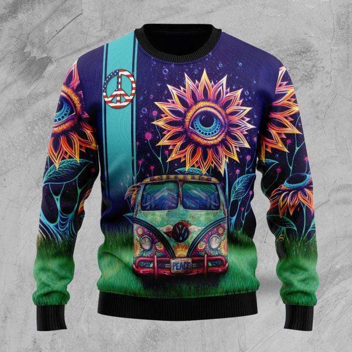  Hippie Sweater The Eye Sunflower Peace Sign Car Blue Ugly Sweater Full Print Full Size Unisex