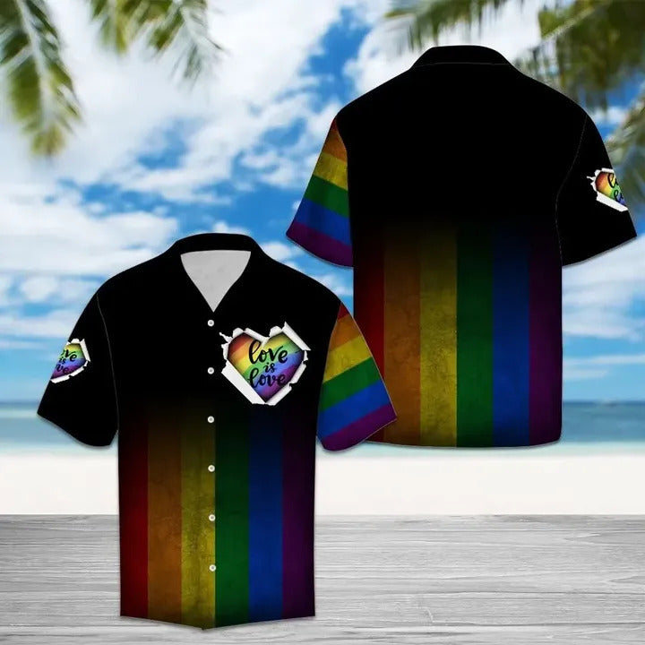 LGBT Hawaiian Shirt Love Is Love Rainbow Striped Multicolor Black Hawaii Aloha Shirt
