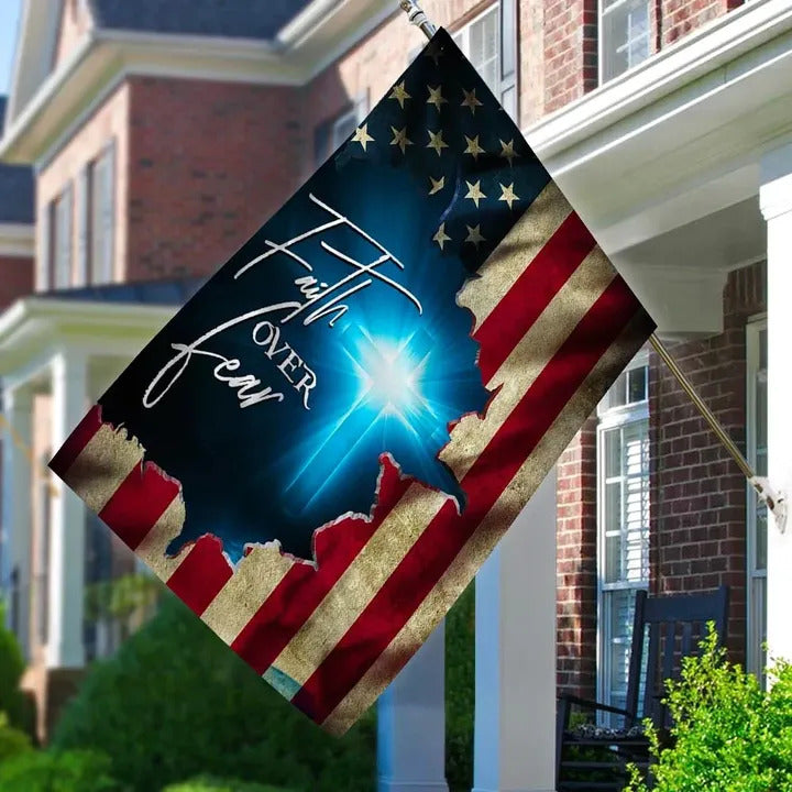 Jesus House Flags Faith Over Fear Blue Light Cross American Flag Garden Flag