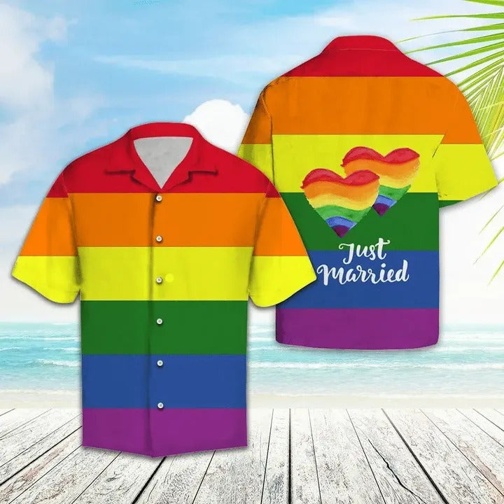 LGBT Hawaiian Shirt LGBT Rainbow Color Just Married Hawaii Aloha Shirt
