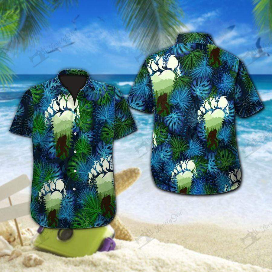 Bigfoot Hawaii Shirt Foot Print Bigfoot Green Blue Hawaiian Shirt