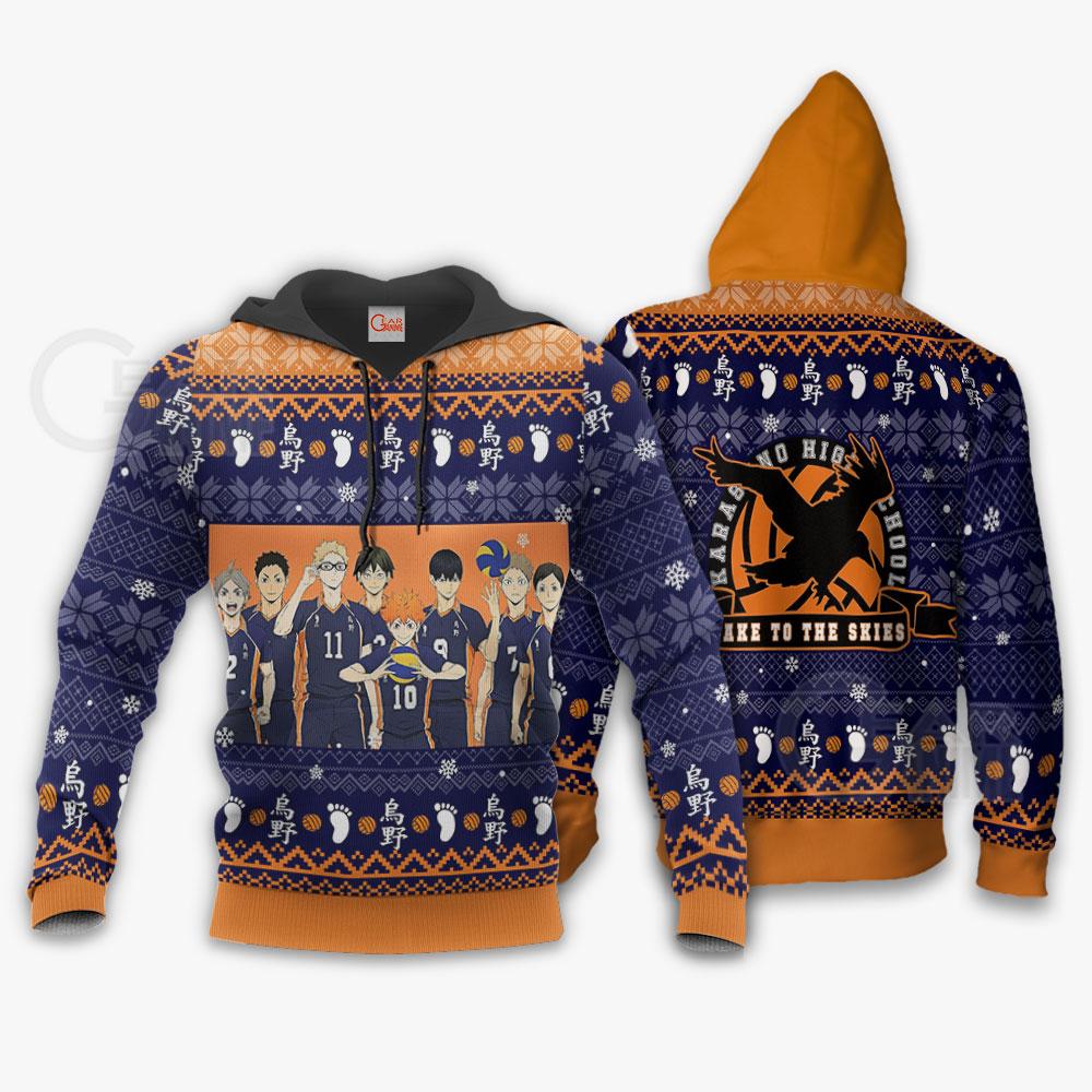  Haikyuu Hoodie Karasuno High School Team Take To The Skies Christmas Pattern Blue Hoodie   