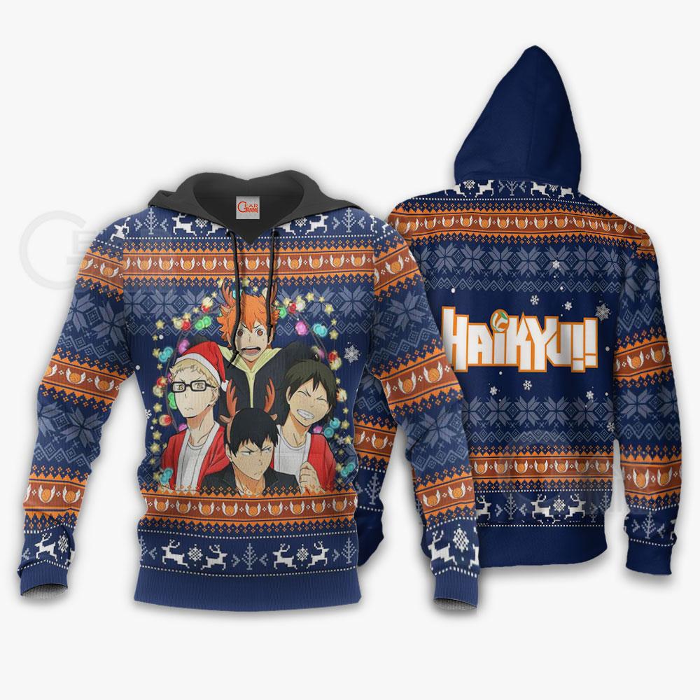  Haikyuu Hoodie Kageyama Hinata Kei Tadashi Christmas Pattern Blue Hoodie Anime Hoodie For Fan  Fill Print