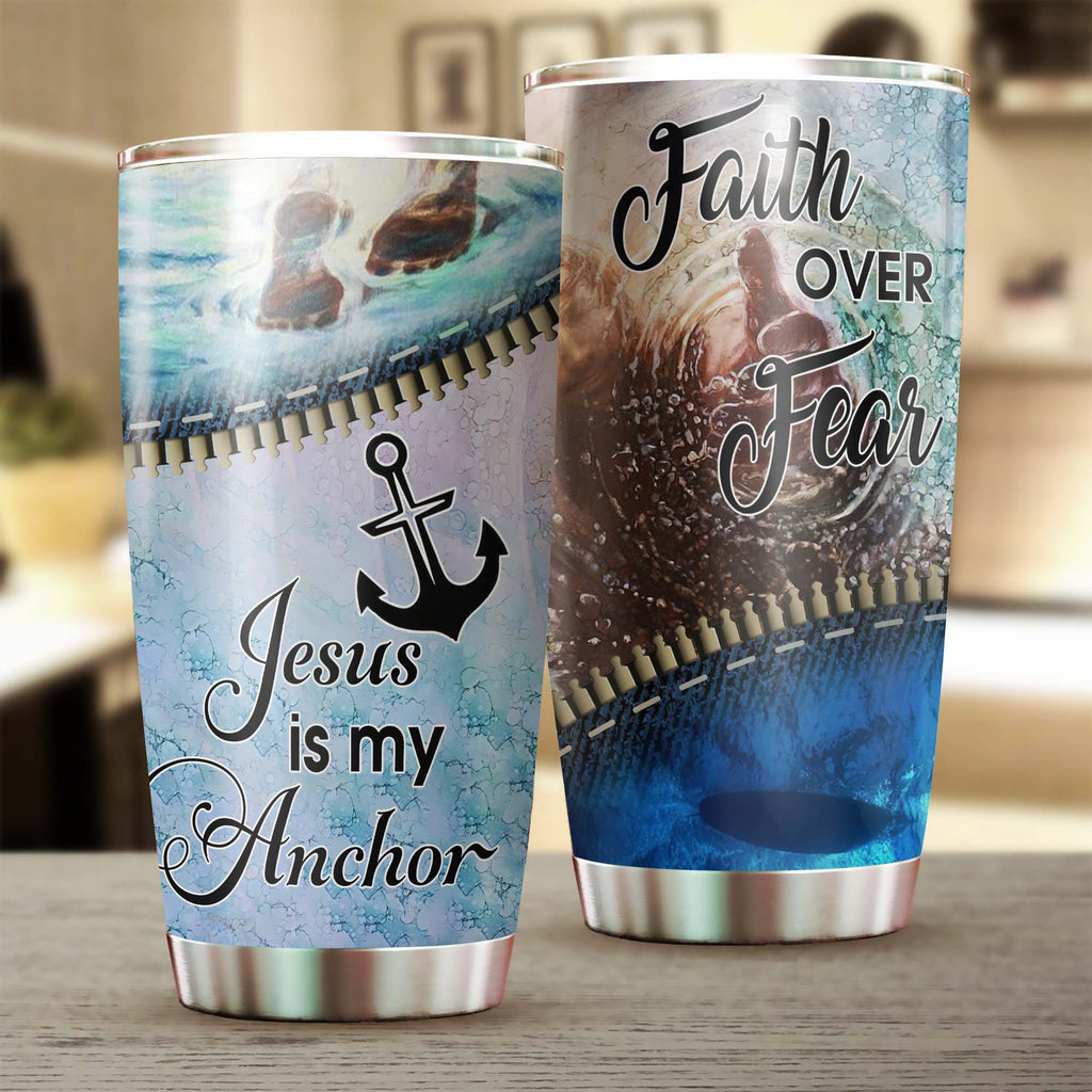  Jesus Tumbler 20 oz Jesus is Anchor Faith Over Fear Blue Tumbler Cup 20 oz Travel Mug