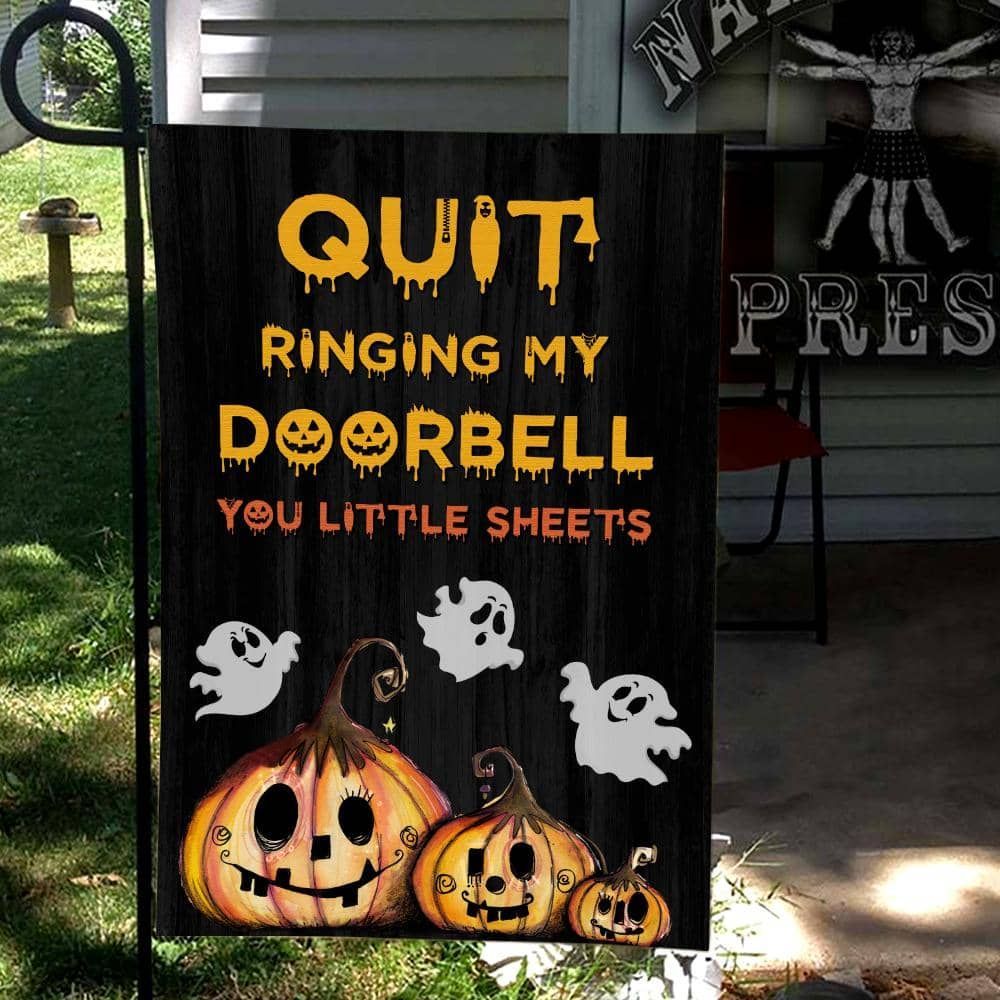 Gifury Halloween Flag Quit Ringing My Doorbell You Little Sheets Ghost And Pumpkins Flag Halloween Garden Flag 2022