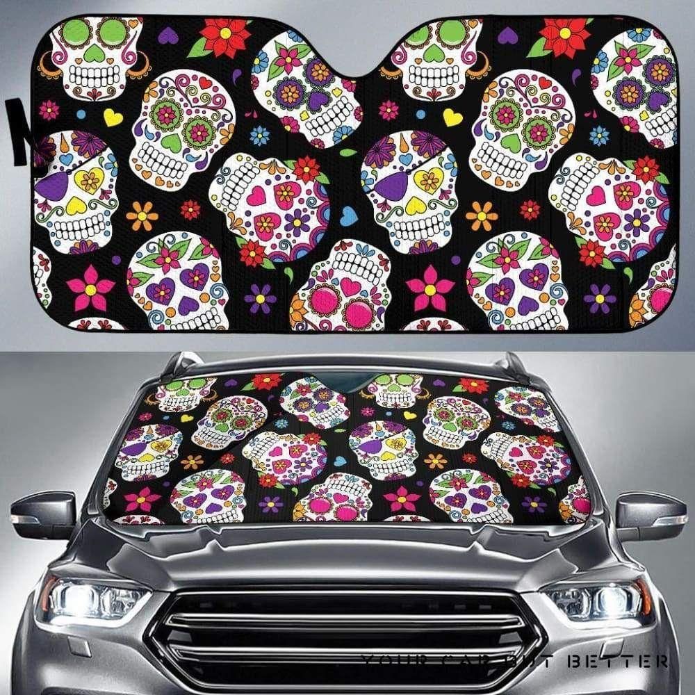 Gifury Skull Car Sun Shade Flower Mexican Sugar Skull Windshield Sun Shade Skull Windshield Sun Shade 2022