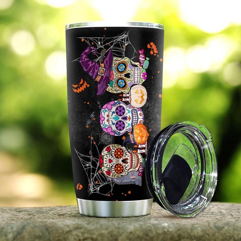 Gifury Halloween Tumbler 20 Oz Sugar Skull Trick Or Treat Spiderweb Black Tumbler Cup Halloween Travel Mug 2023