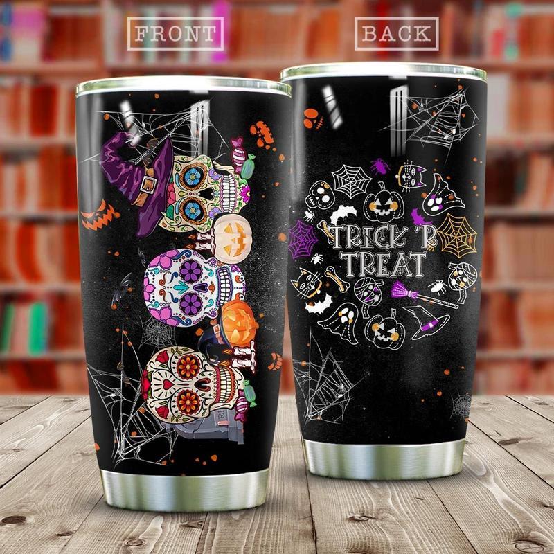 Gifury Halloween Tumbler 20 Oz Sugar Skull Trick Or Treat Spiderweb Black Tumbler Cup Halloween Travel Mug 2022