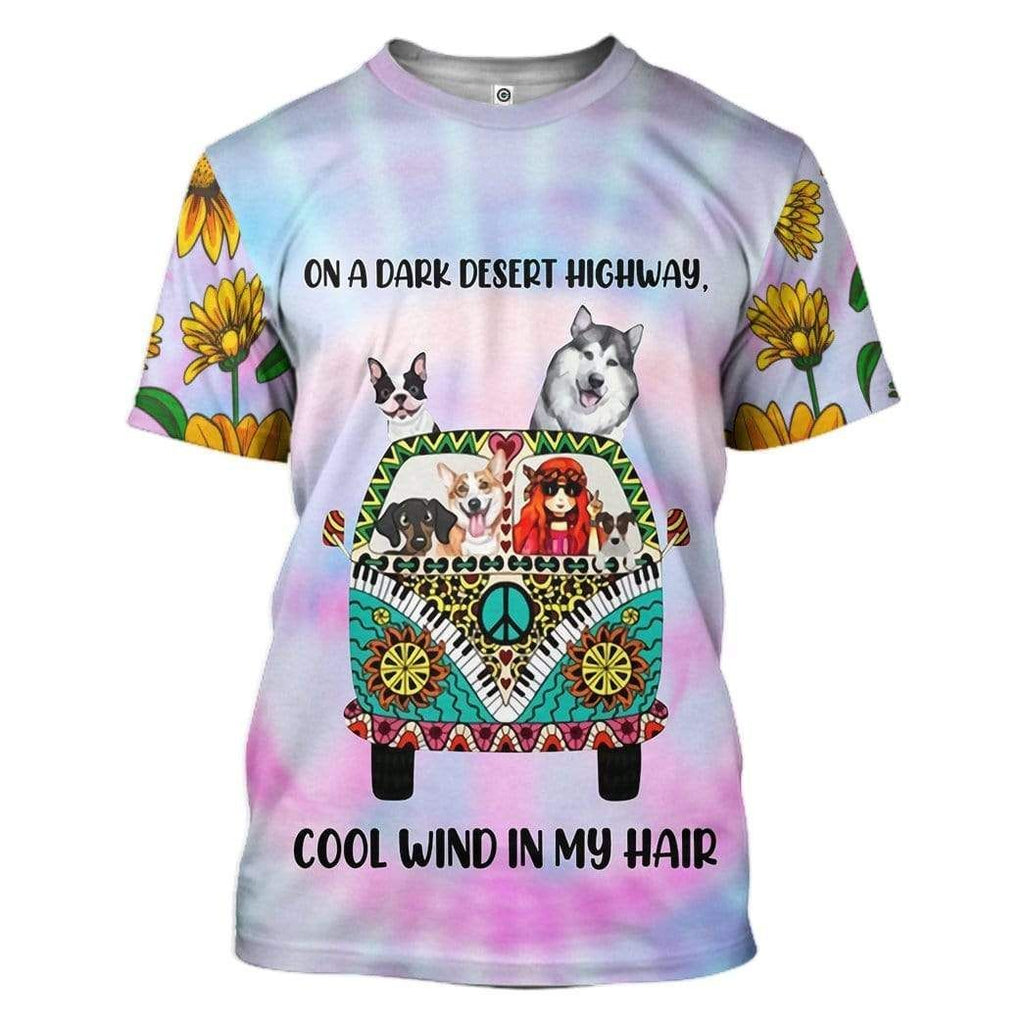  Hippie Dog T-shirt On The Dark Desert Highway Cool Wind In My Hair Dog In Car T-shirt Apparel Adult Full Print