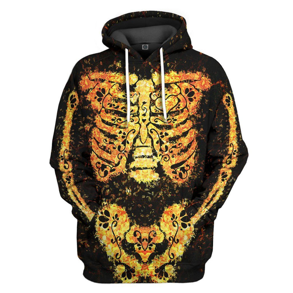 Gifury Halloween Hoodie Halloween Apparel Halloween Flower Pattern Skeleton Golden Black Hoodie Halloween Clothing 2023