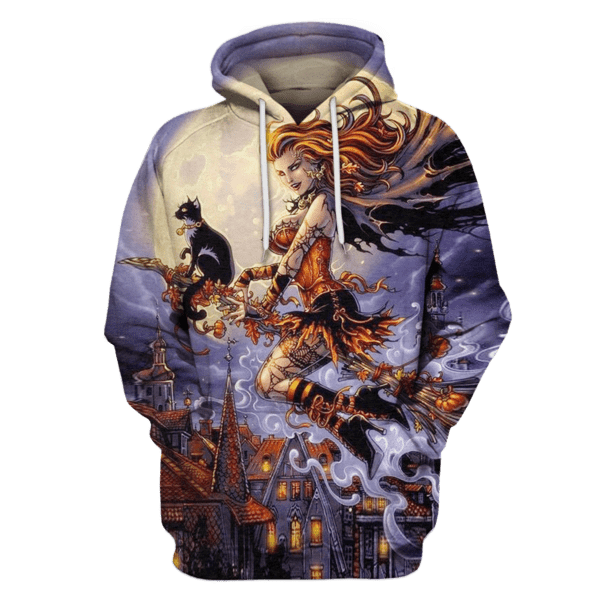 Gifury Halloween Shirt Pretty Witch Flying Broomstick Hoodie Halloween Hoodie Halloween Apparel 2024