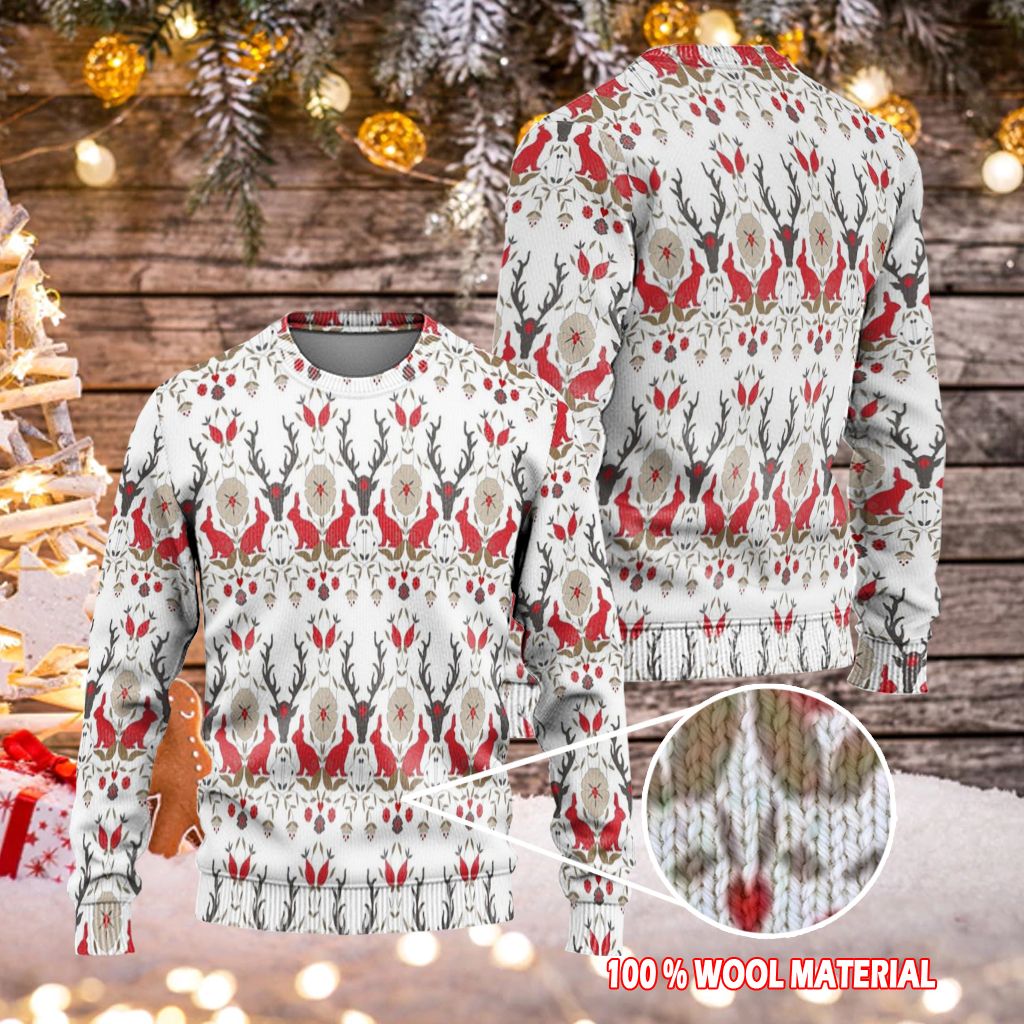 Gifury Reindeer Sweater Reindeer Rabbit Pattern White Red Ugly Sweater Reindeer Ugly Sweater 2022