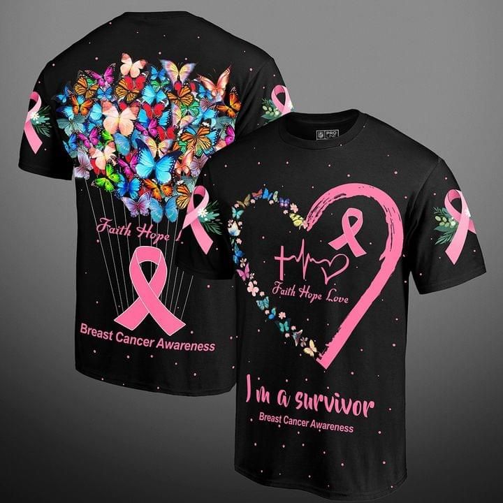 Gifury Breast Cancer Shirt Breast Cancer Survivor Shirts I Am A Survivor Butterfly Heart Black T-shirtBreast Cancer Apparel 2022