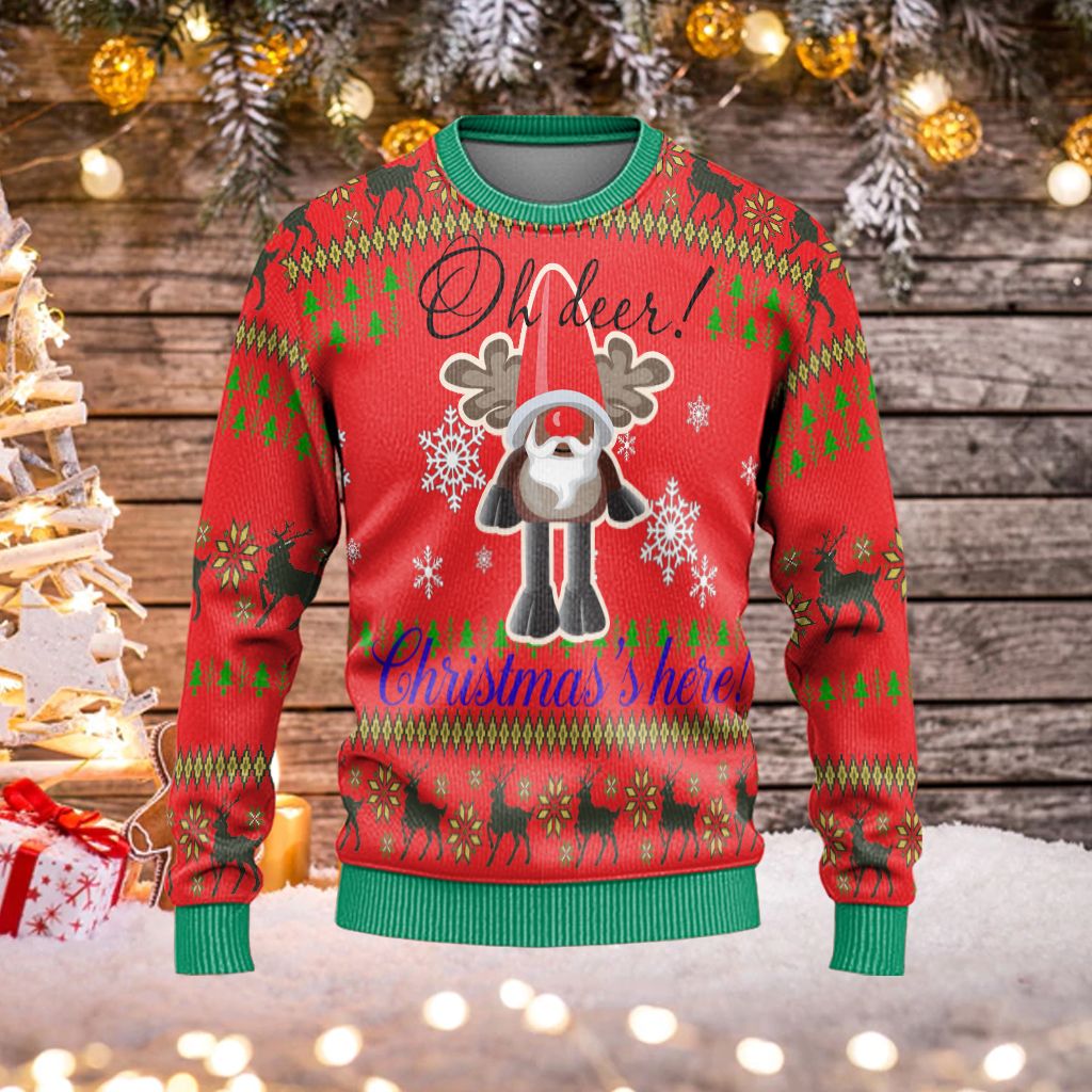 Gifury Reindeer Sweater Oh Deer Christmas Is Here Red Ugly Sweater Reindeer Ugly Sweater 2023