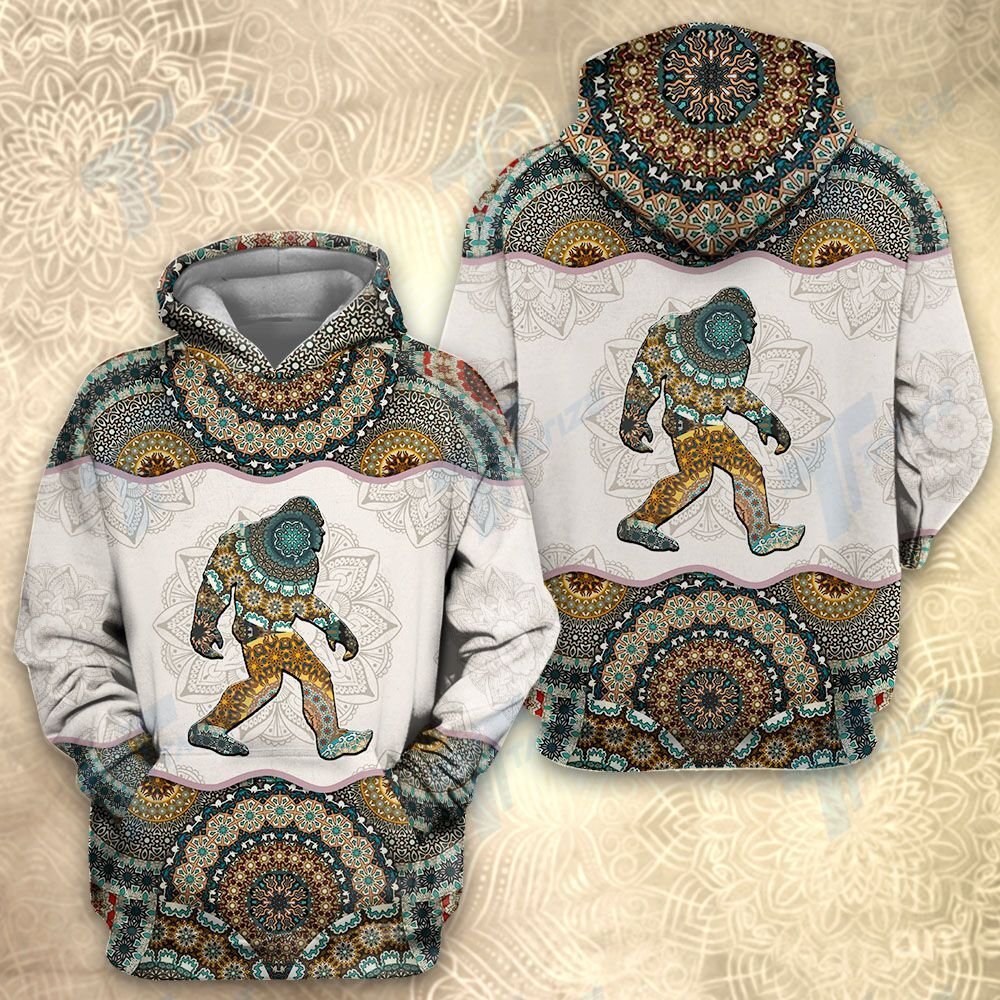 Bigfoot Hoodie Bigfoot Mandala Green Yellow White Hoodie Apparel Adult Unisex Full Print