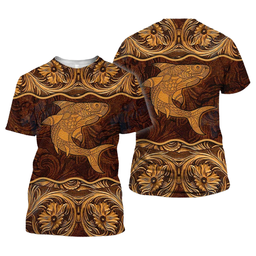 Shark T-shirt Shark Wood Carving Pattern Brown Shark Week T-shirt Hoodie Adult Unisex Full Size