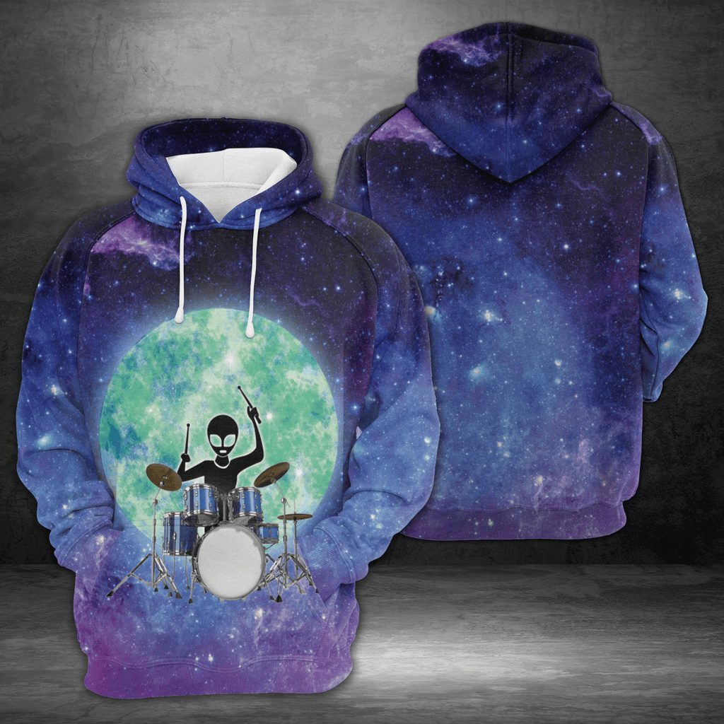 Alien Hoodie Alien Playing Drum Full Moon Blue Galaxy Hoodie Apparel Adult Full Print