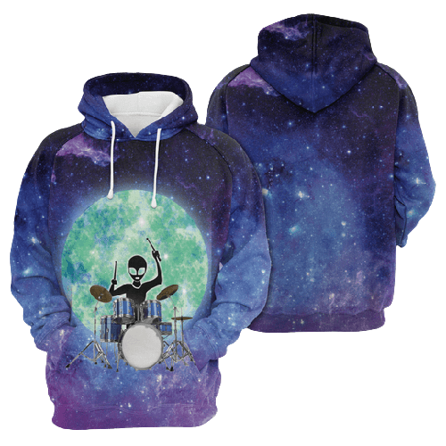 Alien Hoodie Alien Playing Drum Full Moon Blue Galaxy Hoodie Apparel Adult Full Print