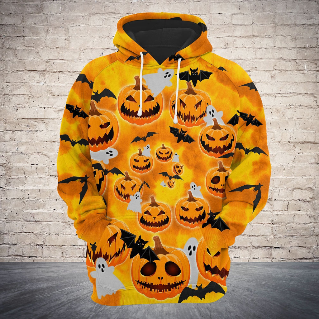 Gifury Halloween Hoodie Halloween Apparel Pumpkin Hoodie Scary Face Pumpkin Ghost And Bats Tie Dye Orange Hoodie 2023